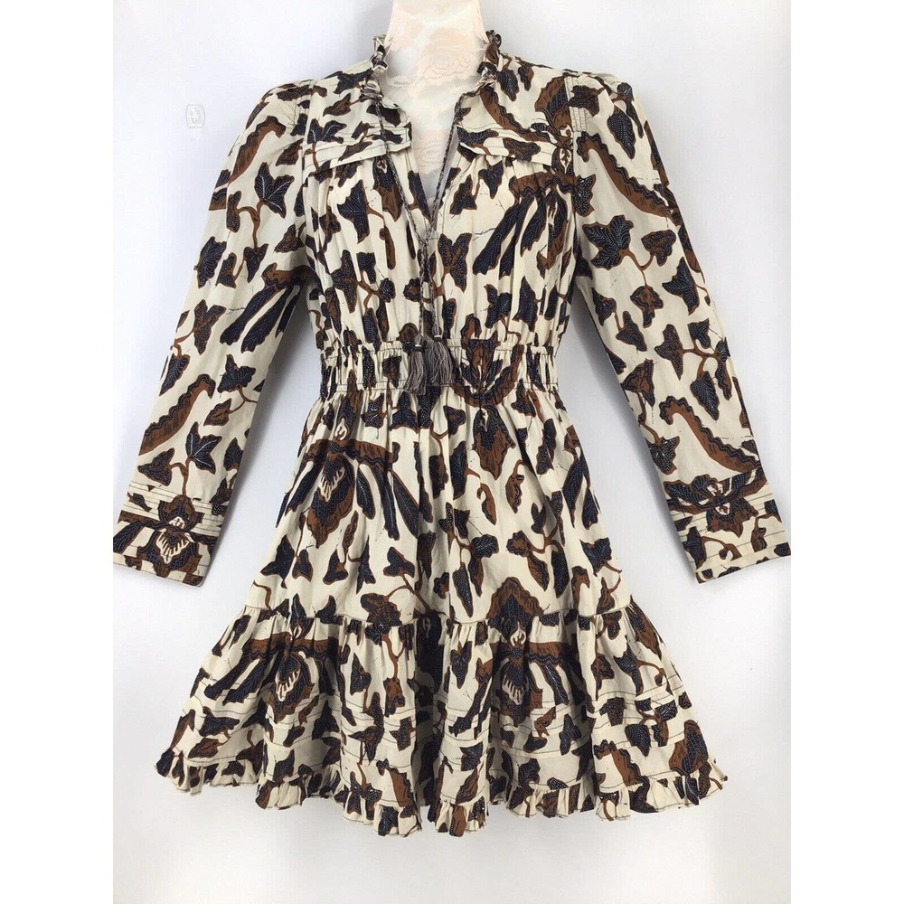 Ulla Johnson Cream Midi Dress with Brown and Black Floral Print